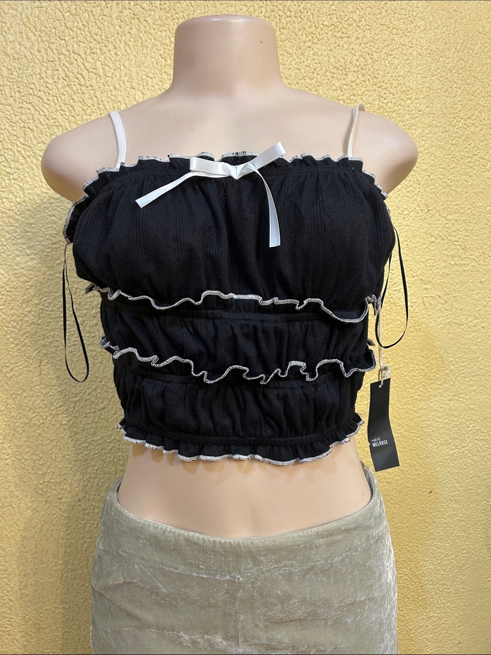 Black Ruffle Crop Top with White Trim and Bow